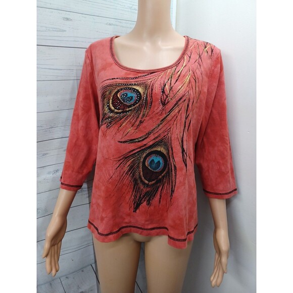 New Directions Coral Red Embellished Knit Top Peacock Feathers Womens XL Cotton - Picture 1 of 7